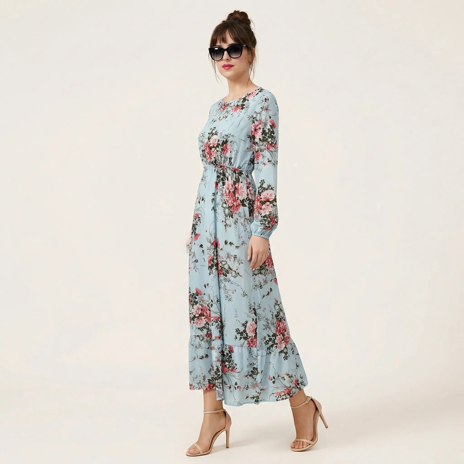 Floral Long Sleeve Midi Dress BlueSM-054-BLUE-S