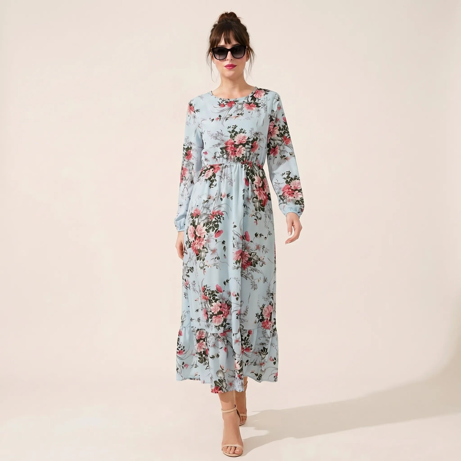 Floral Long Sleeve Midi Dress BlueSM-054-BLUE-S