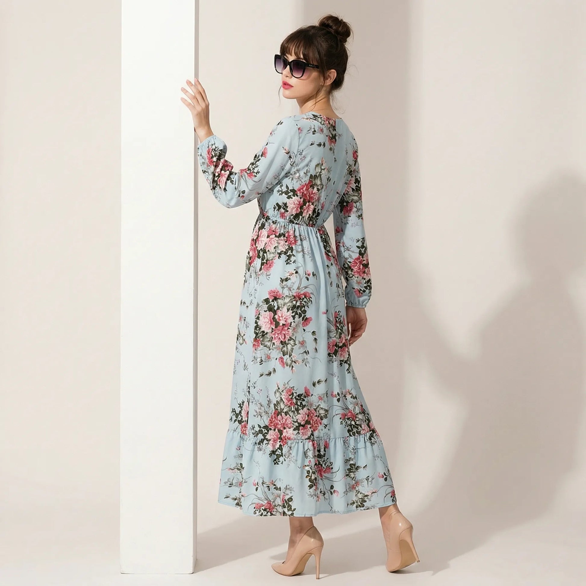 Floral Long Sleeve Midi Dress BlueSM-054-BLUE-S