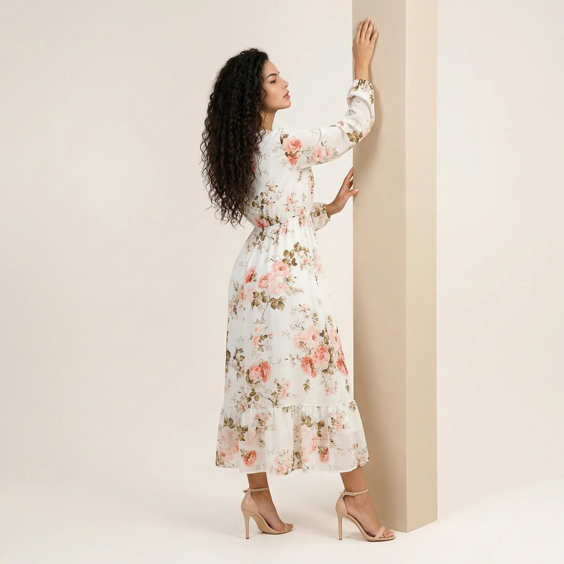 Floral Long Sleeve Midi Dress WhiteSM-054-WHITE-S