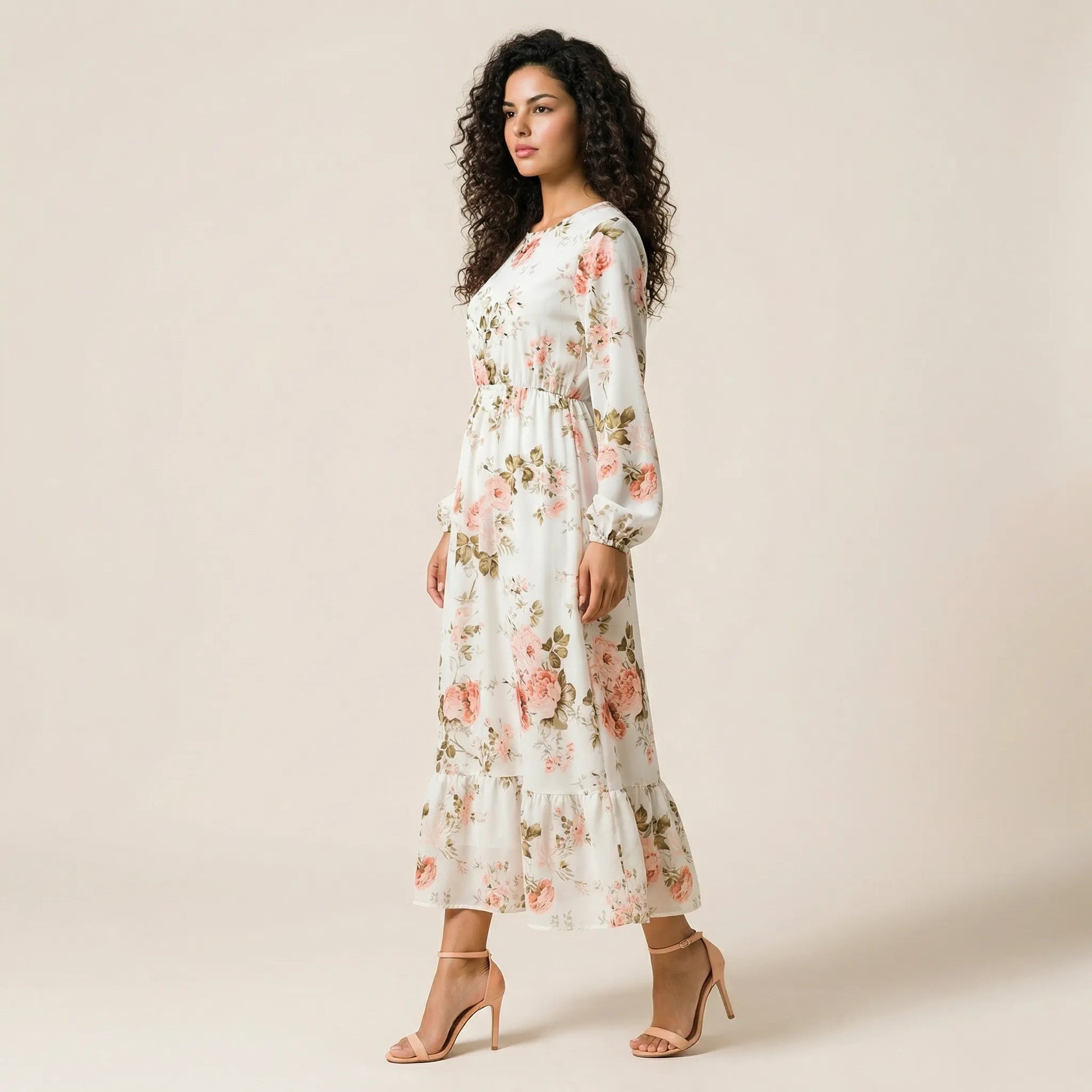Floral Long Sleeve Midi Dress WhiteSM-054-WHITE-S