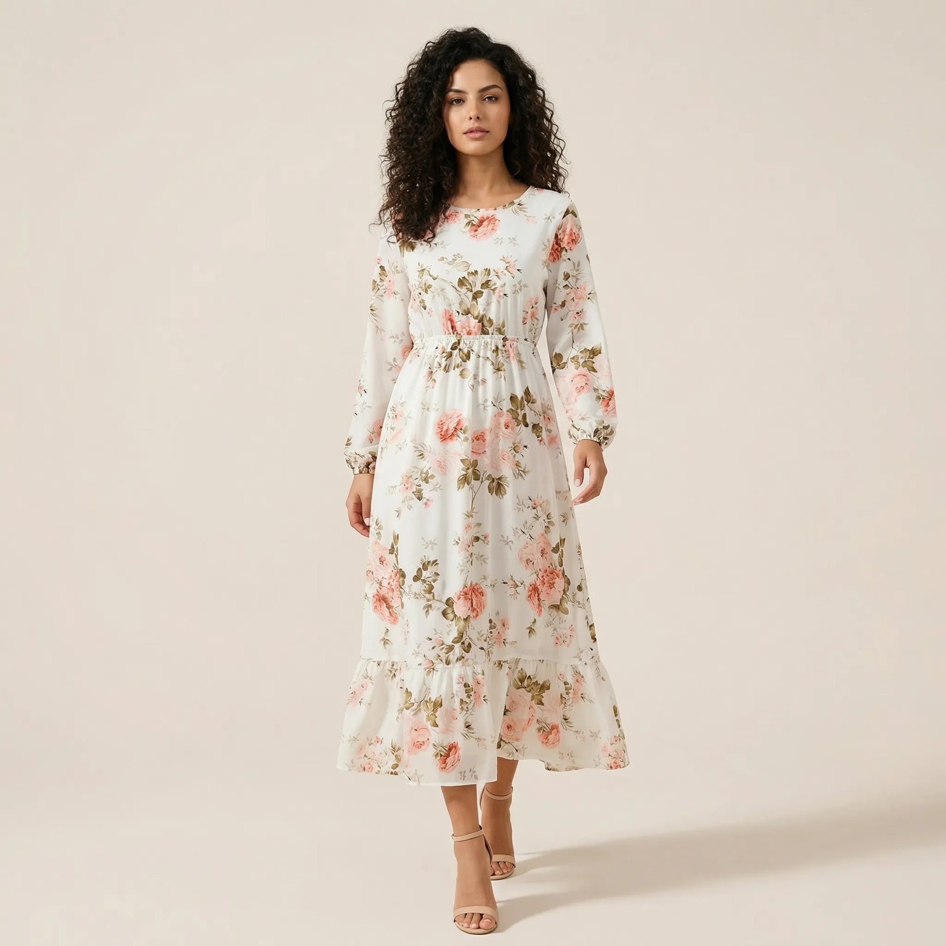 Floral Long Sleeve Midi Dress WhiteSM-054-WHITE-S