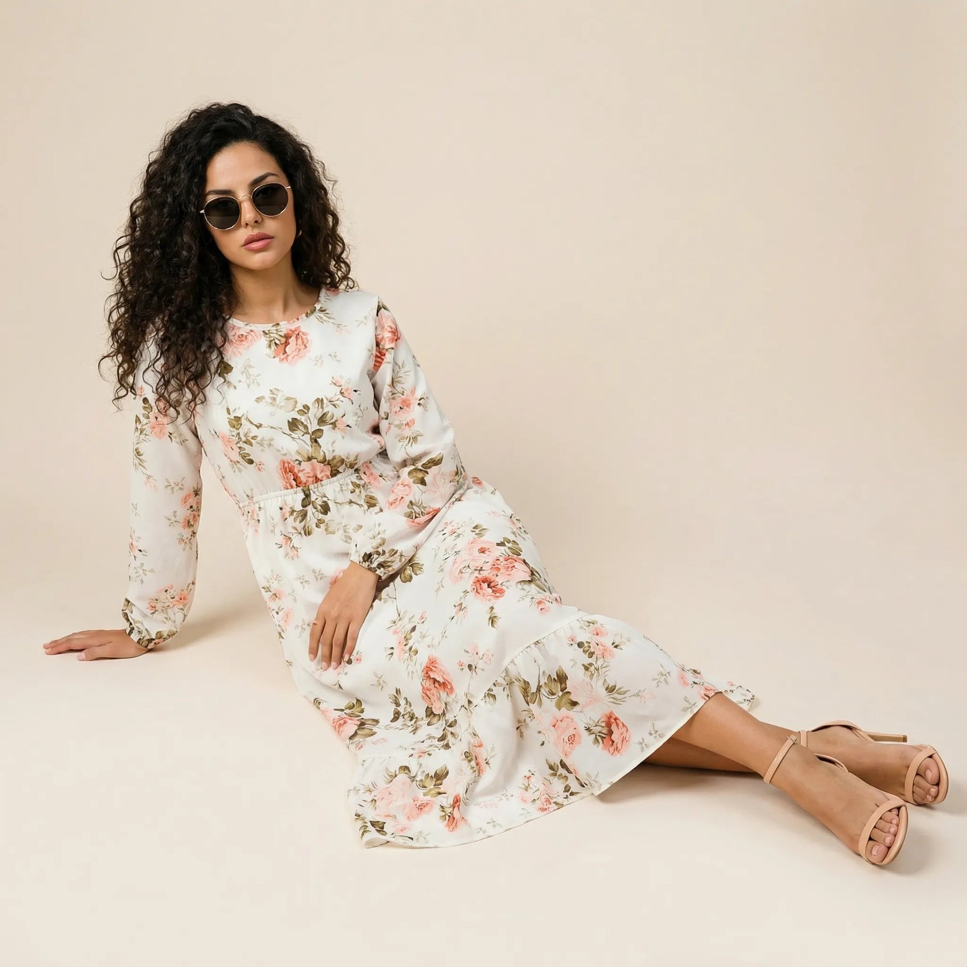 Floral Long Sleeve Midi Dress WhiteSM-054-WHITE-S