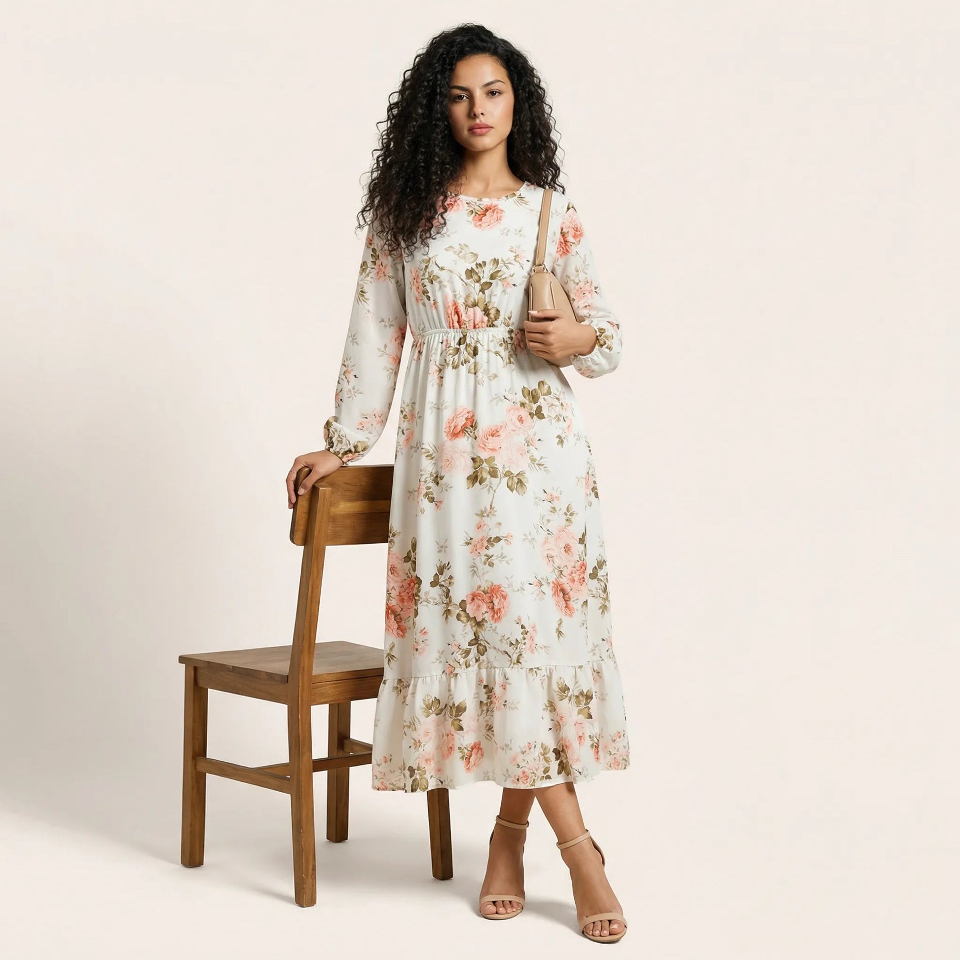 Floral Long Sleeve Midi Dress WhiteSM-054-WHITE-S