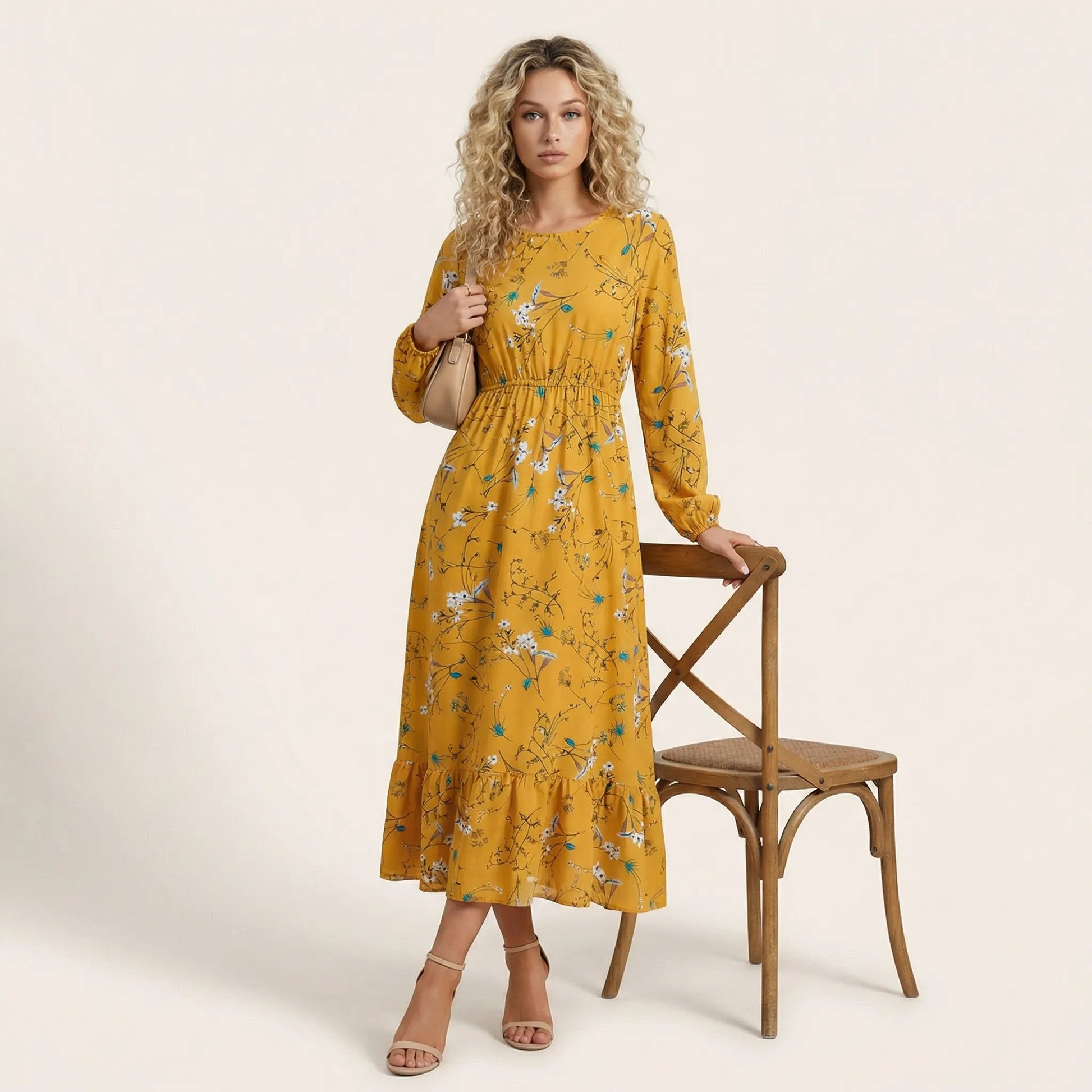 Floral Long Sleeve Midi Dress YellowSM-054-YELLOW-S