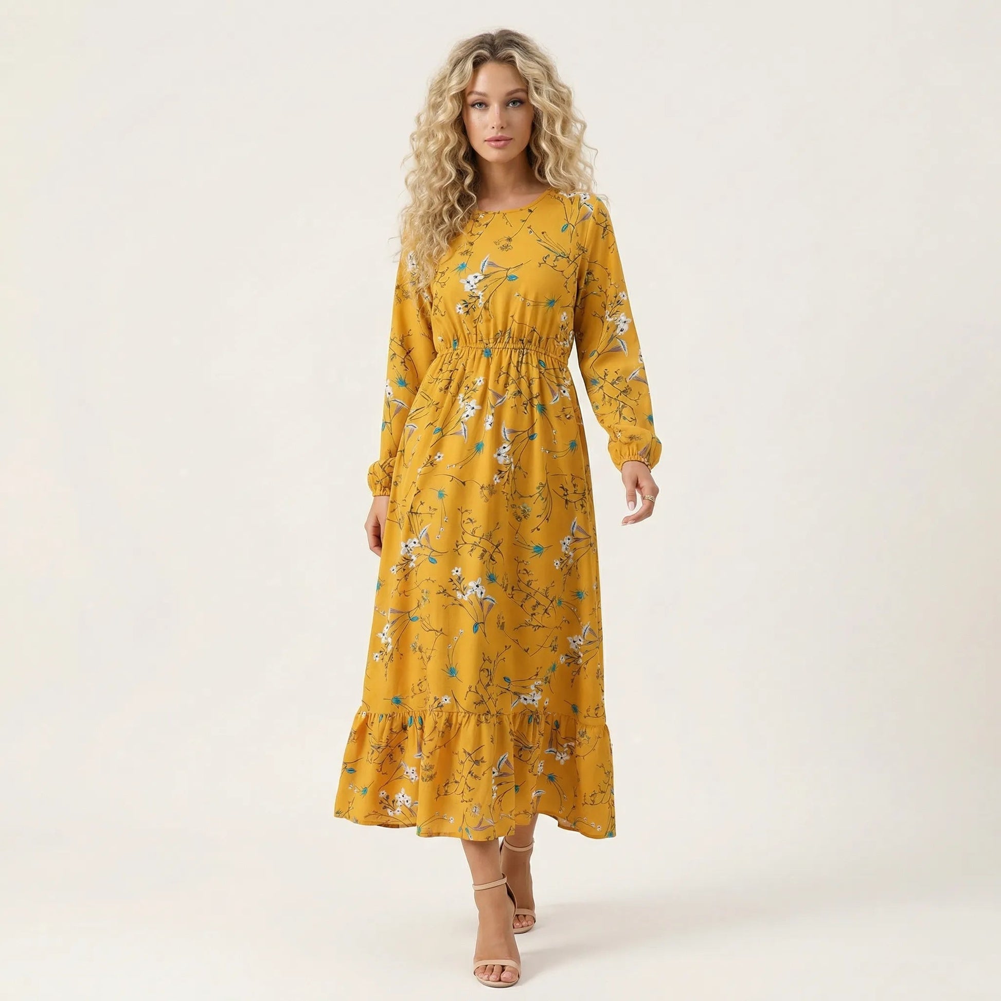 Floral Long Sleeve Midi Dress YellowSM-054-YELLOW-S