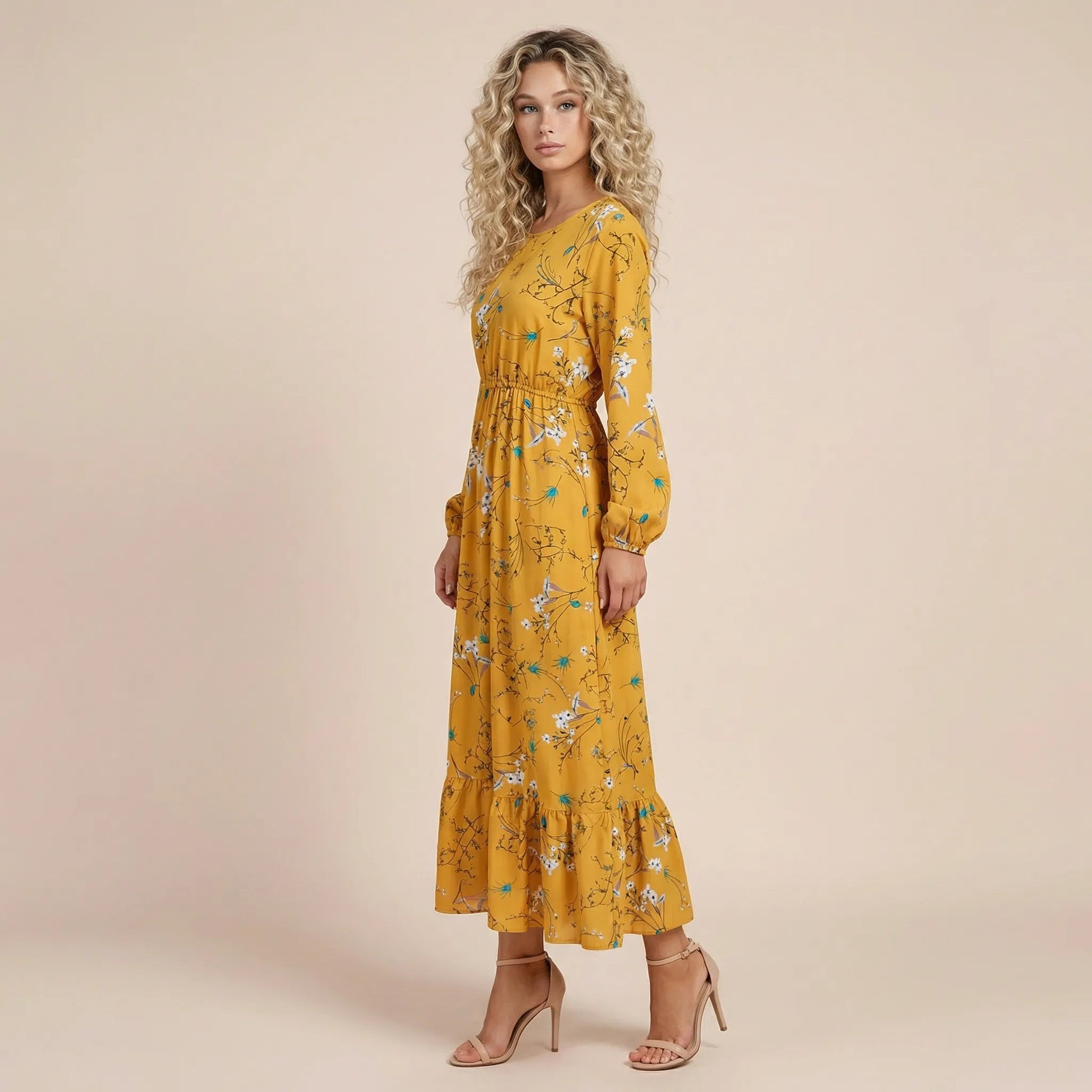 Floral Long Sleeve Midi Dress YellowSM-054-YELLOW-S