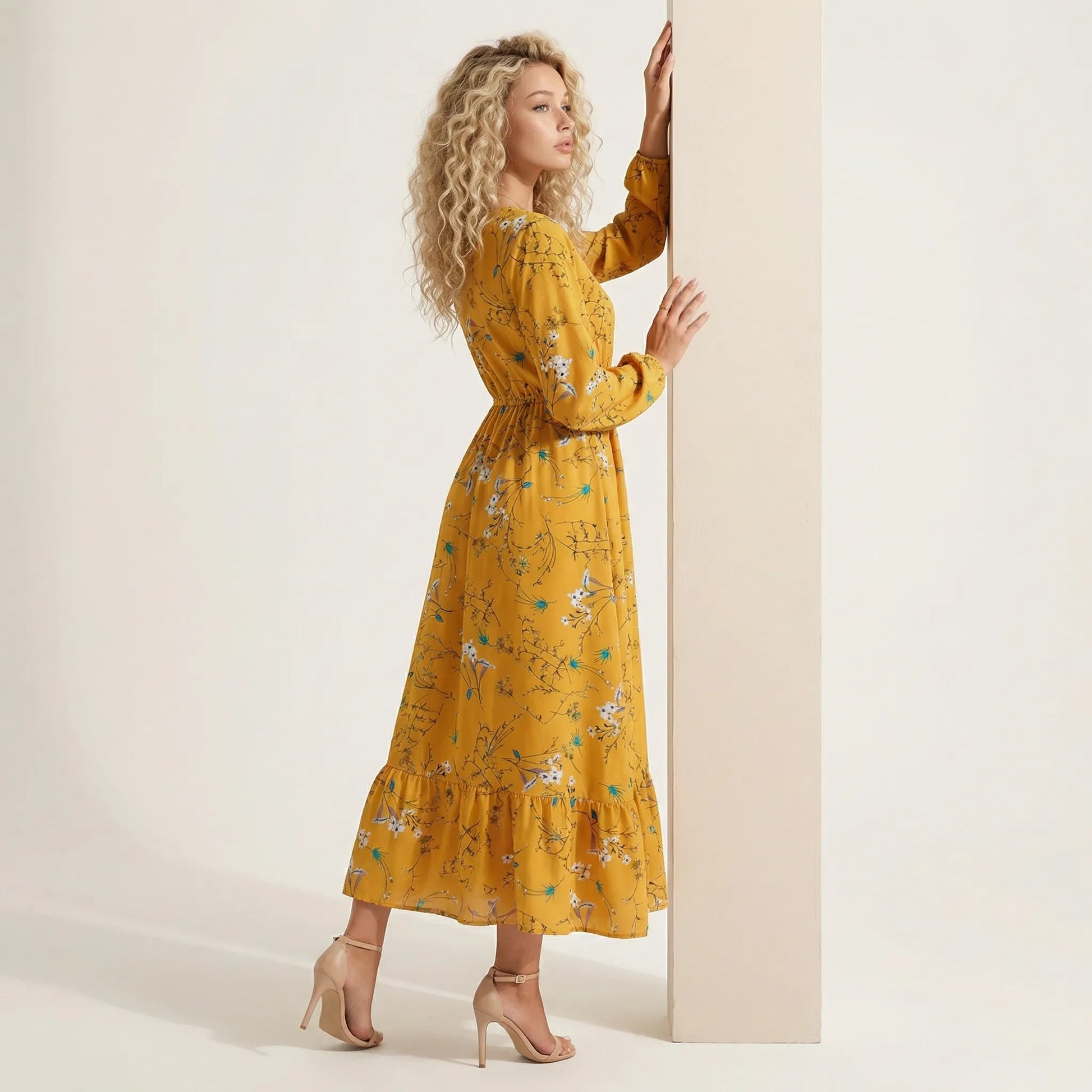 Floral Long Sleeve Midi Dress YellowSM-054-YELLOW-S