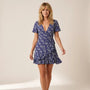Floral V Tie - Waist Mini Dress BlueSM-042-BLUE-S