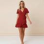 Floral V Tie - Waist Mini Dress RedSM-042-RED-S