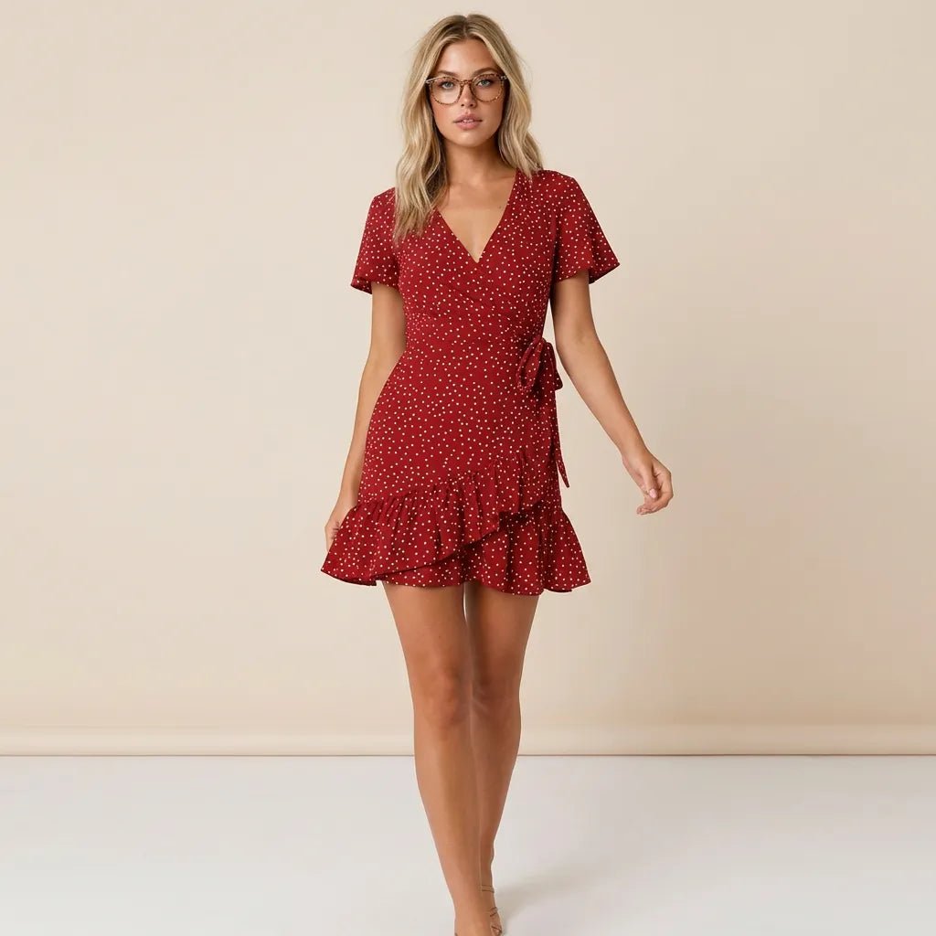 Floral V Tie - Waist Mini Dress RedSM-042-RED-S