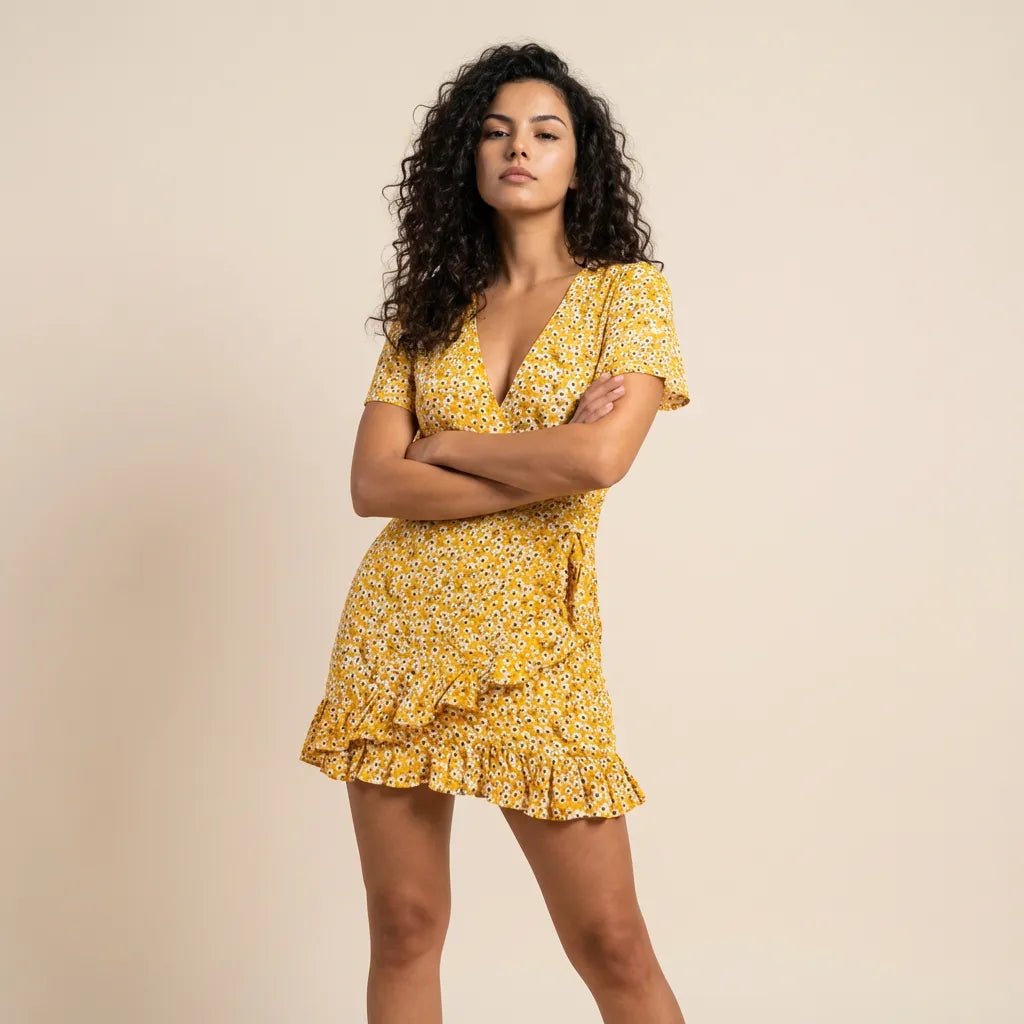 Floral V Tie - Waist Mini Dress YellowSM-042-YELLOW-S