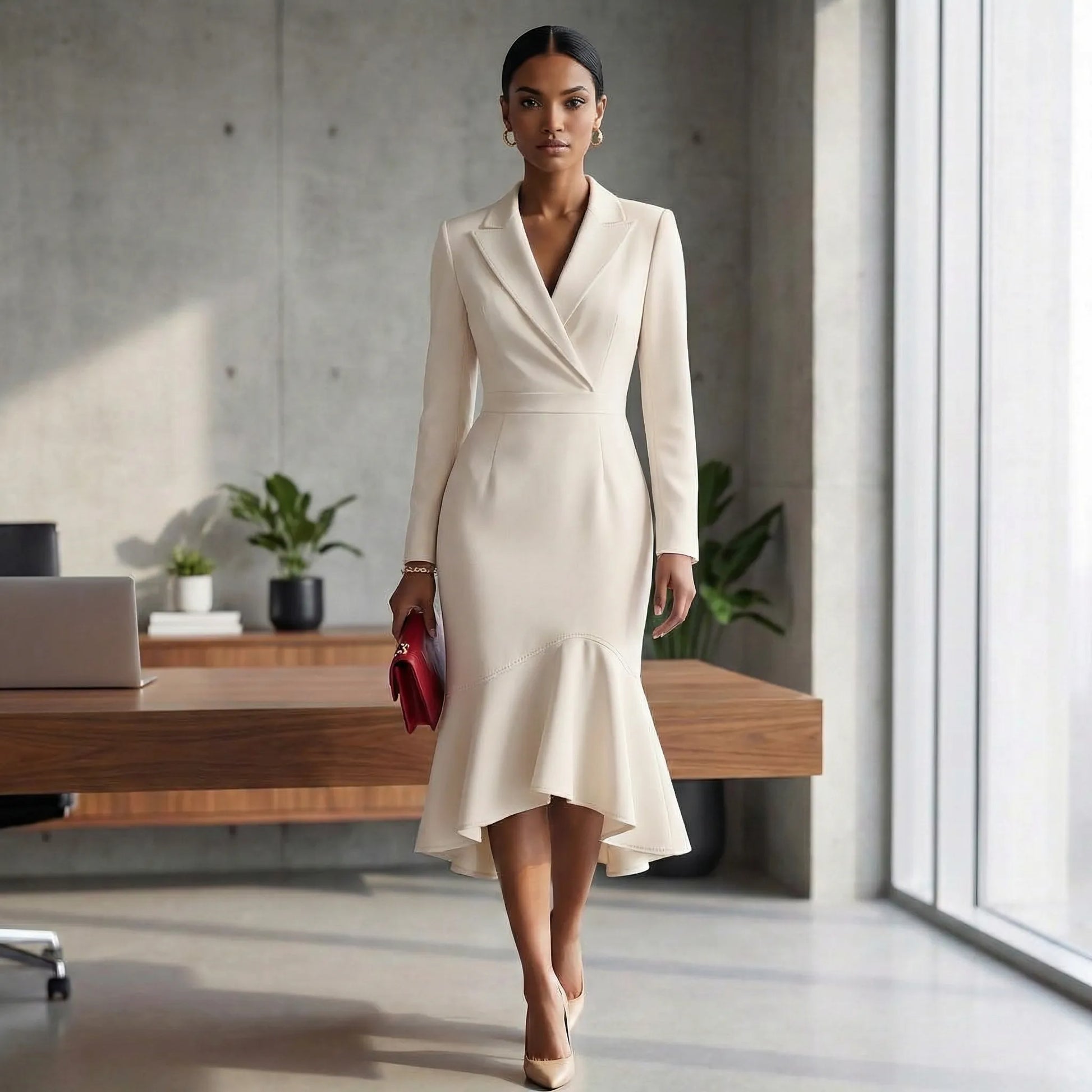 Elegant Blazer-Collar Mermaid Midi Dress