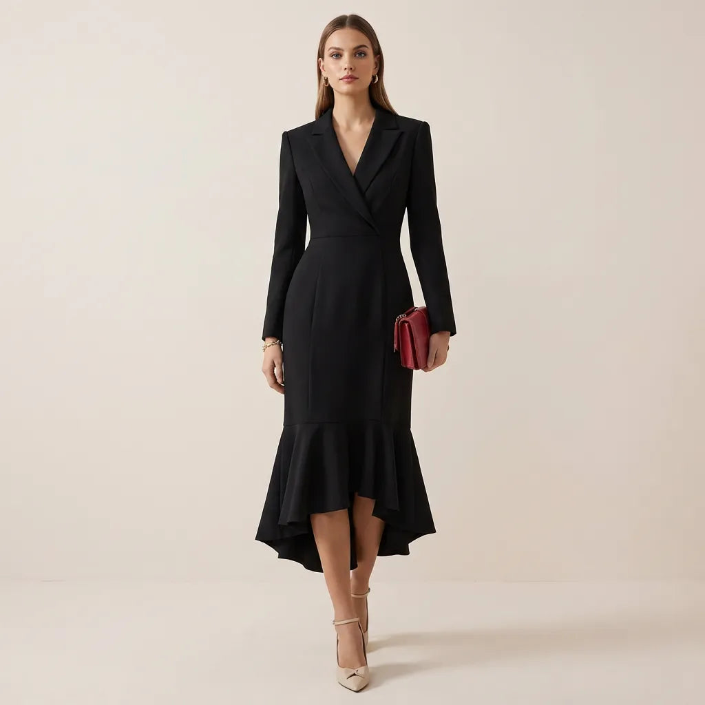 Elegant Blazer-Collar Mermaid Midi Dress