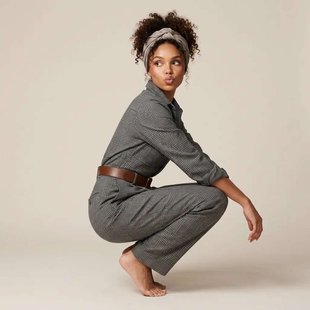 Heritage Plaid Tailored Utility Jumpsuit GraySM-038-GRAY-S