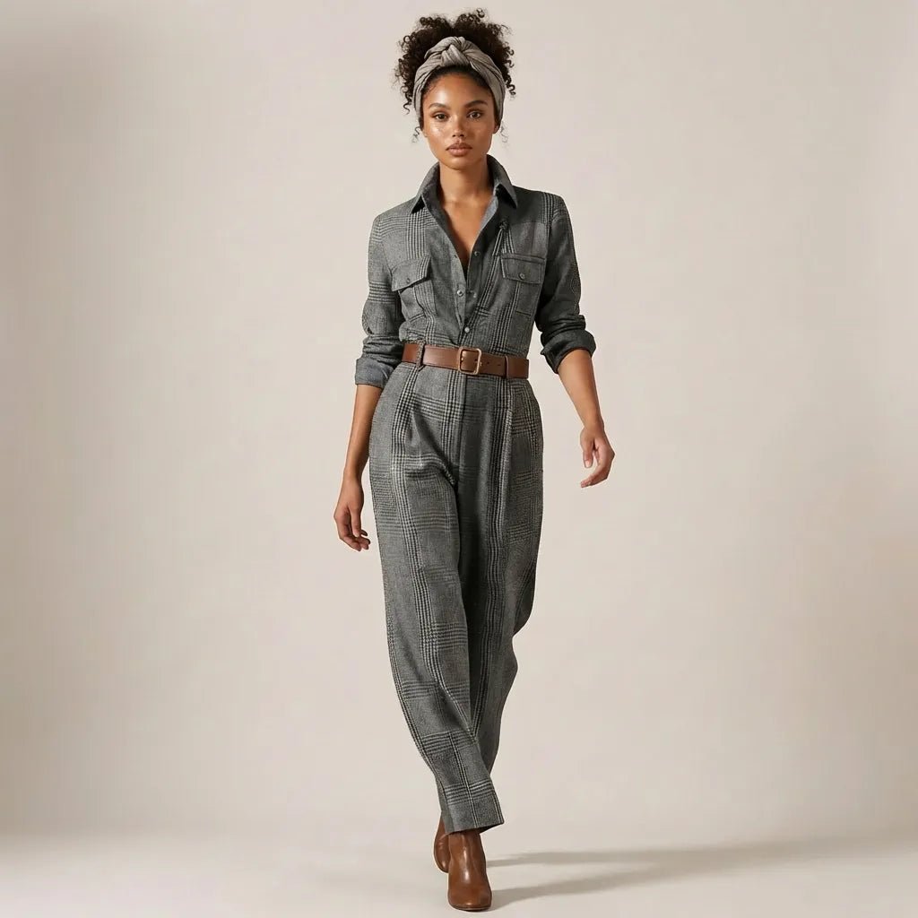 Heritage Plaid Tailored Utility Jumpsuit GraySM-038-GRAY-S