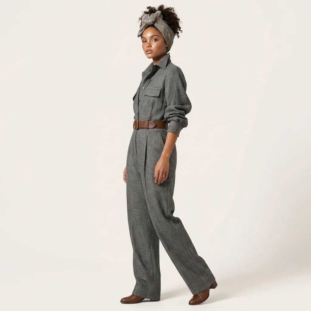 Heritage Plaid Tailored Utility Jumpsuit GraySM-038-GRAY-S