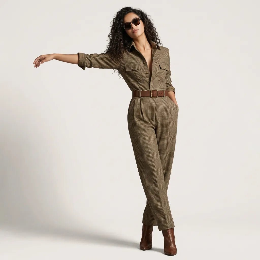 Heritage Plaid Tailored Utility Jumpsuit GreenSM-038-GREEN-S
