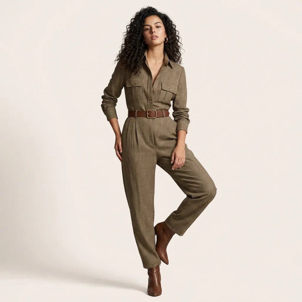 Heritage Plaid Tailored Utility Jumpsuit GreenSM-038-GREEN-S