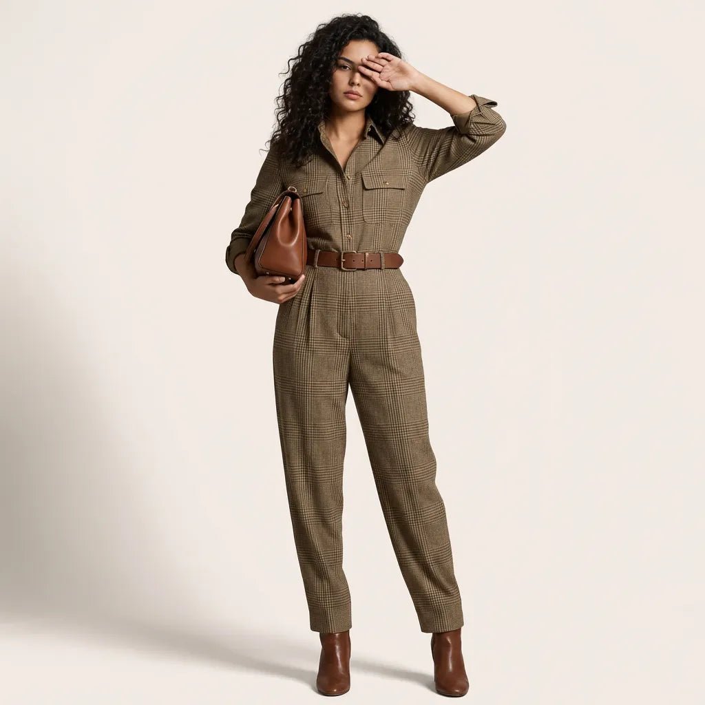 Heritage Plaid Tailored Utility Jumpsuit GreenSM-038-GREEN-S