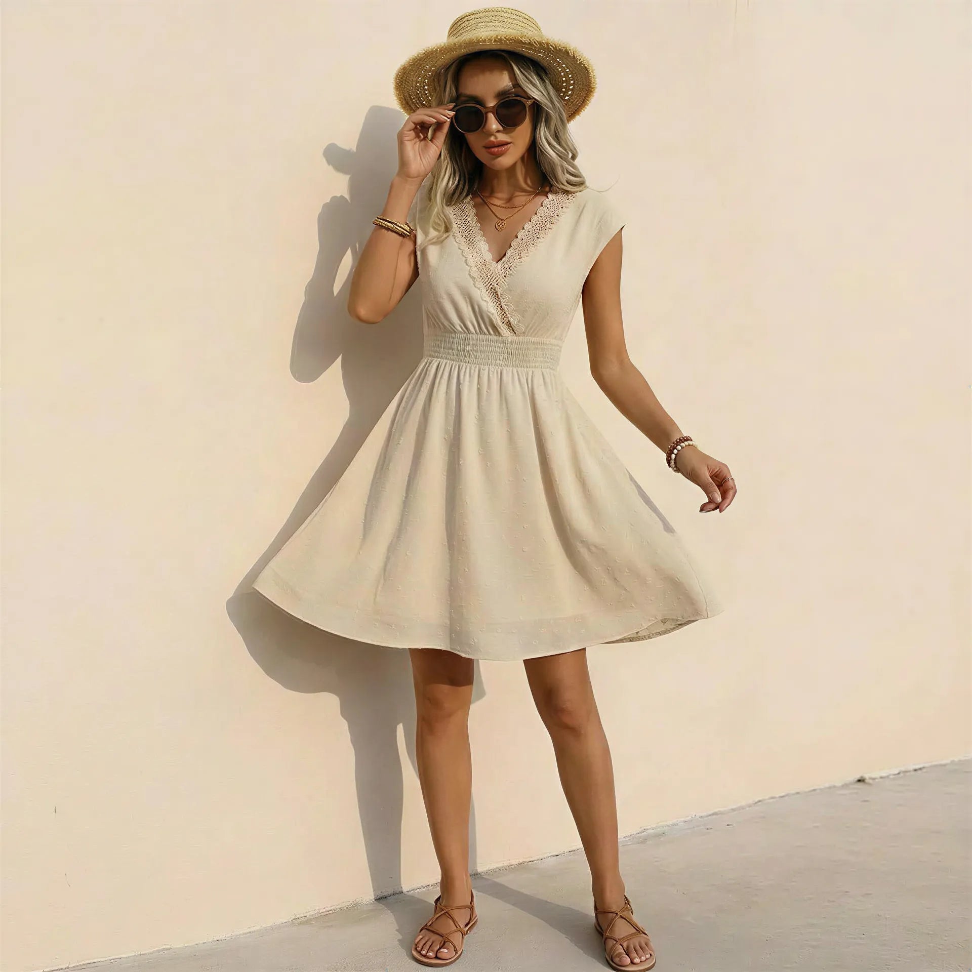 Lace Detail A - Line Day Dress BeigeSM-015-BEIGE-S
