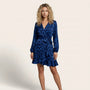 Leopard Long Sleeve Mini Wrap Dress BlueSM-041-BLUE-S