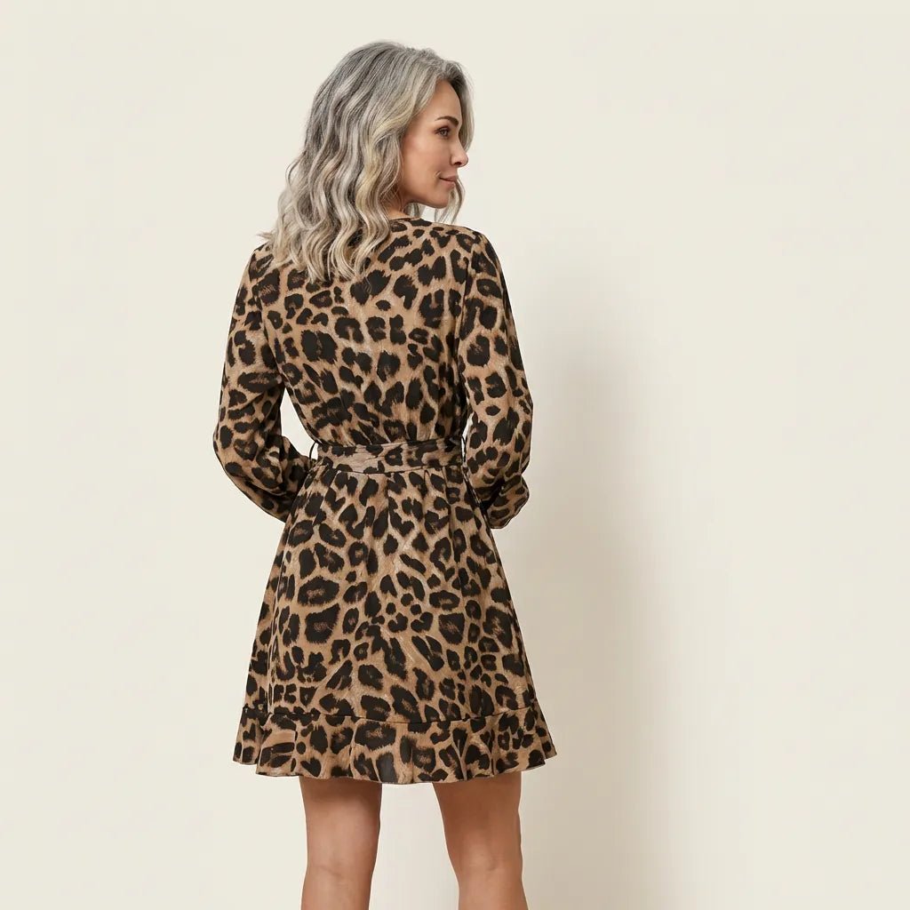 Leopard Long Sleeve Mini Wrap Dress BrownSM-041-BROWN-S
