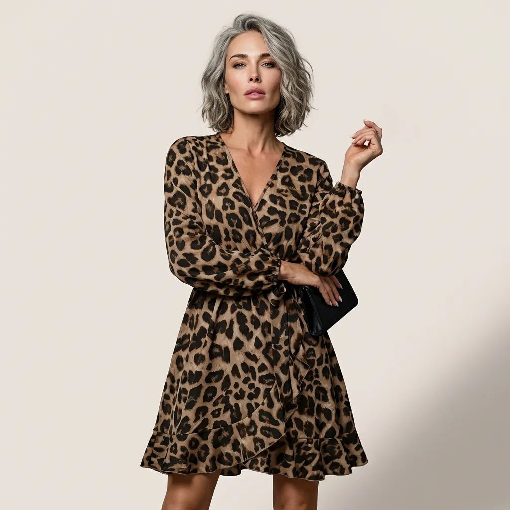 Leopard Long Sleeve Mini Wrap Dress BrownSM-041-BROWN-S