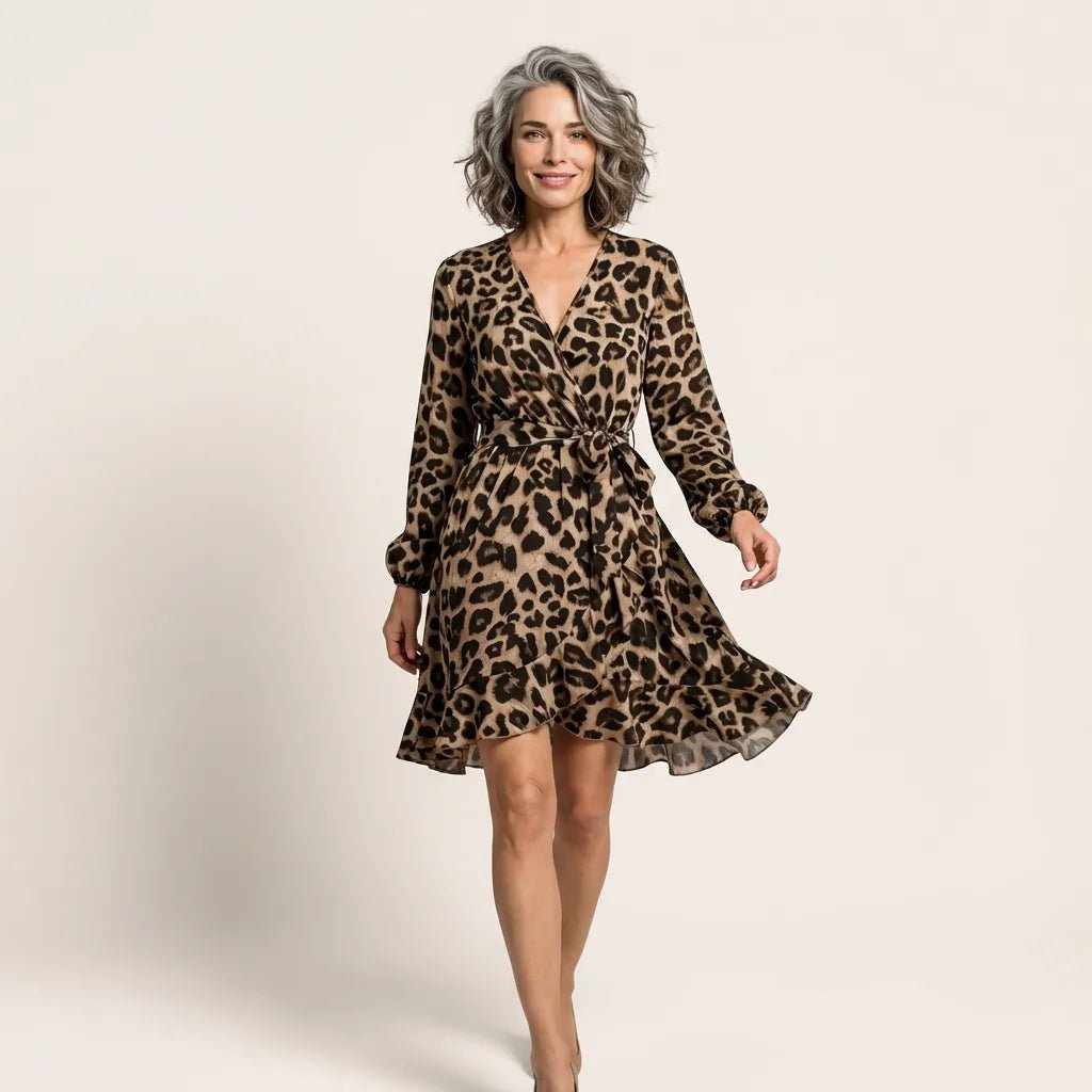 Leopard Long Sleeve Mini Wrap Dress BrownSM-041-BROWN-S