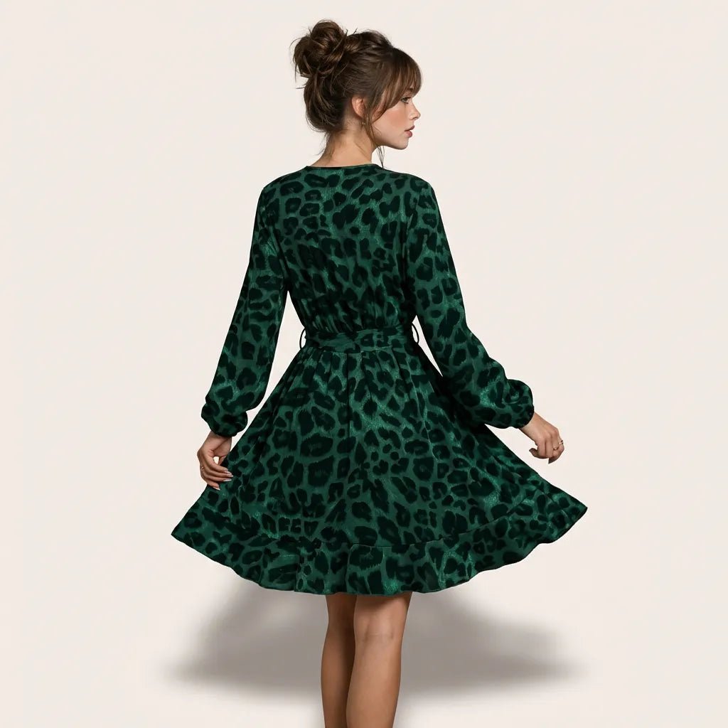 Leopard Long Sleeve Mini Wrap Dress GreenSM-041-GREEN-S