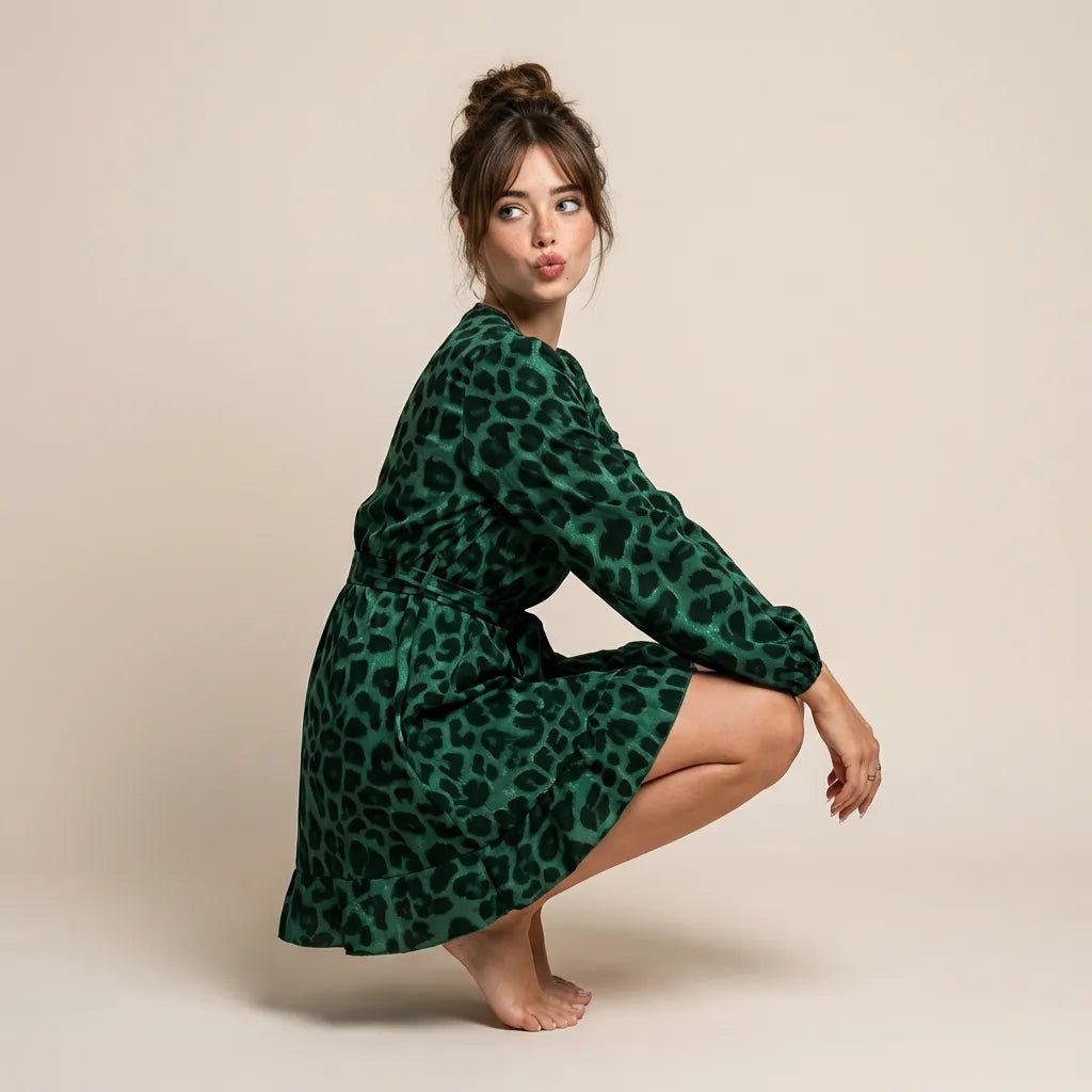 Leopard Long Sleeve Mini Wrap Dress GreenSM-041-GREEN-S