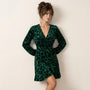 Leopard Long Sleeve Mini Wrap Dress GreenSM-041-GREEN-S