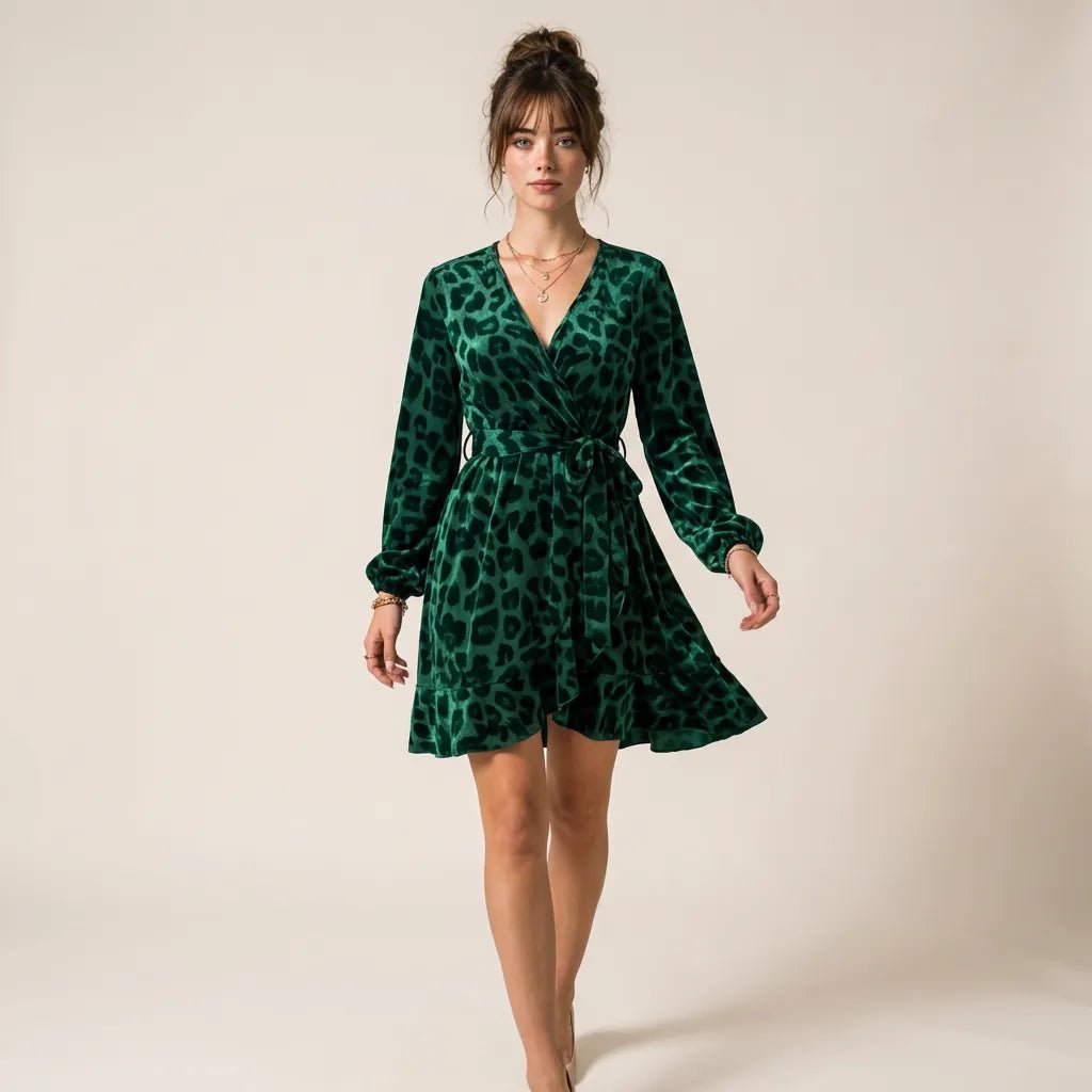 Leopard Long Sleeve Mini Wrap Dress GreenSM-041-GREEN-S