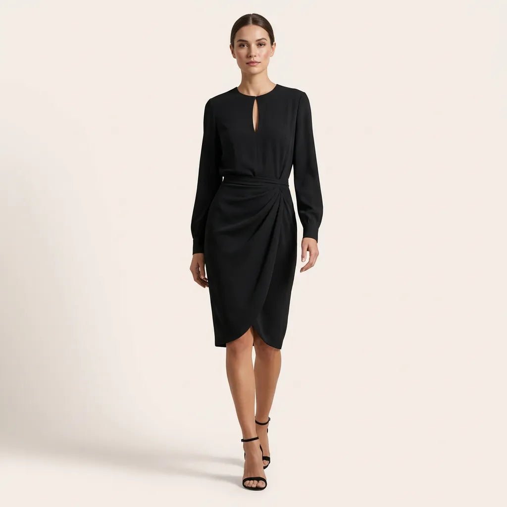 Long Sleeve Draped Midi Dress BlackSM-010-BLACK-S