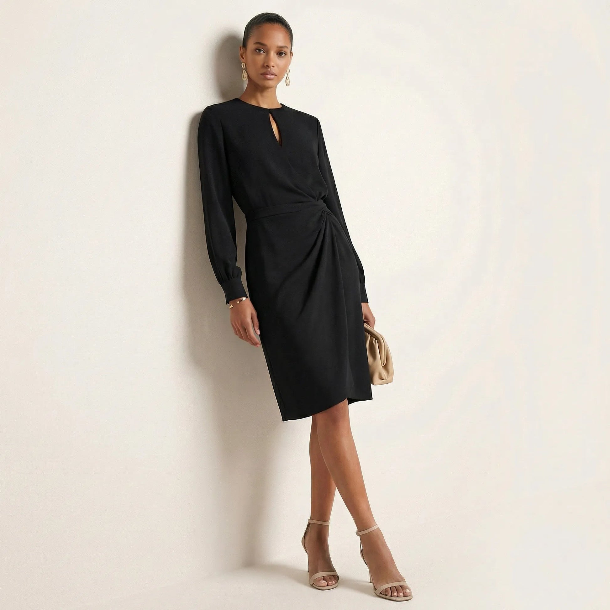 Long Sleeve Draped Midi Dress BlackSM-010-BLACK-S