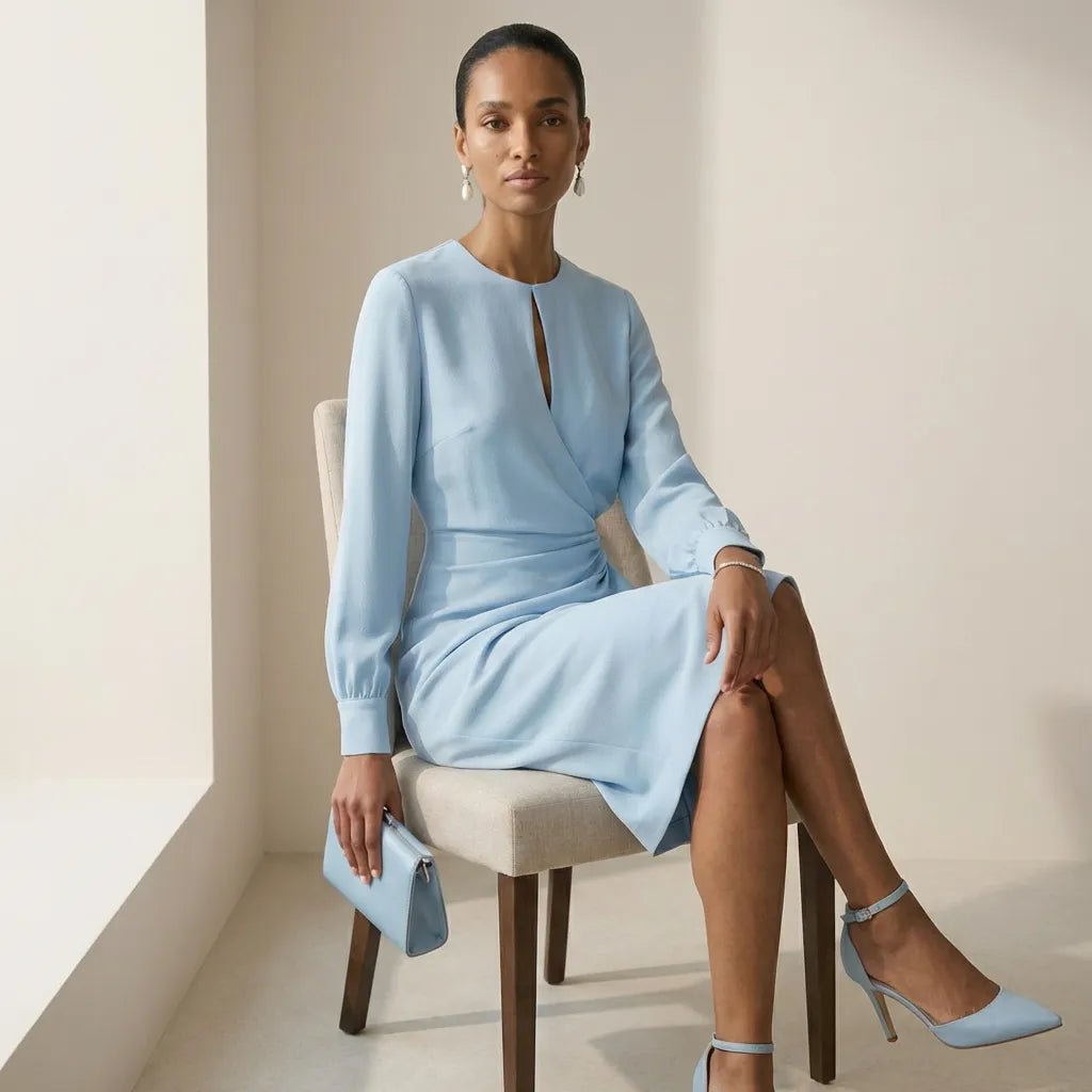 Long Sleeve Draped Midi Dress BlueSM-010-BLUE-S