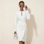 Long Sleeve Draped Midi Dress WhiteSM-010-WHITE-S