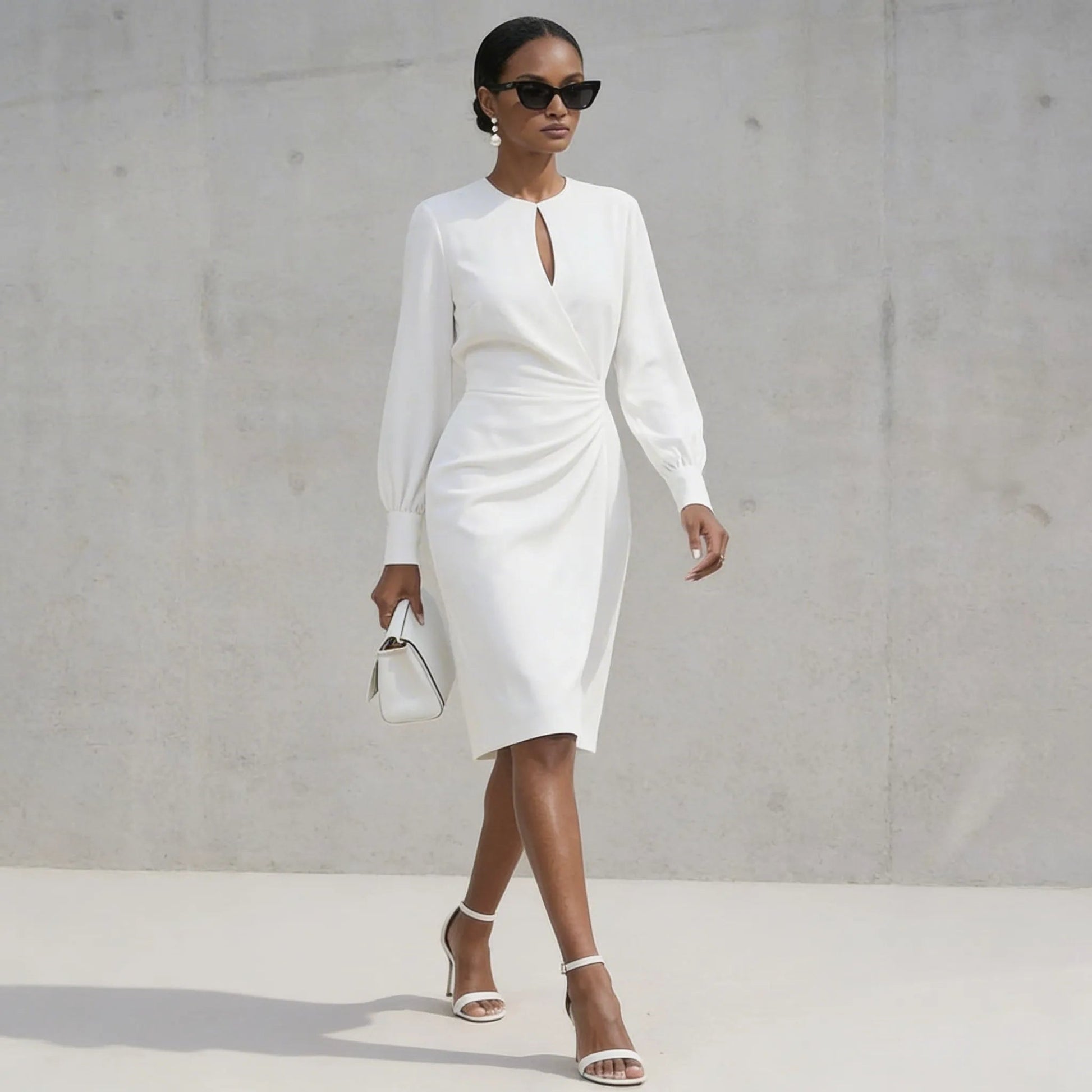 Long Sleeve Draped Midi Dress WhiteSM-010-WHITE-S