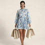 Long Sleeve Pleated Hem Mini Shirt Dress BlueSM-022-BLUE-S