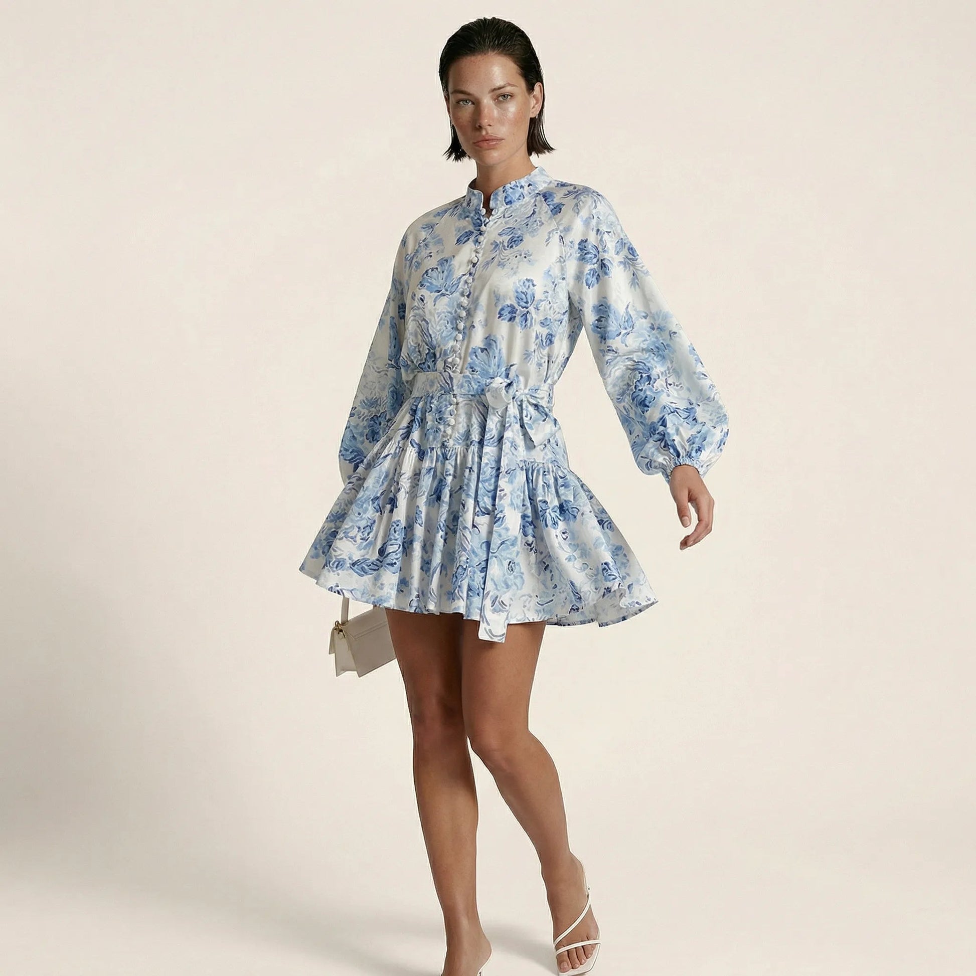 Long Sleeve Pleated Hem Mini Shirt Dress BlueSM-022-BLUE-S