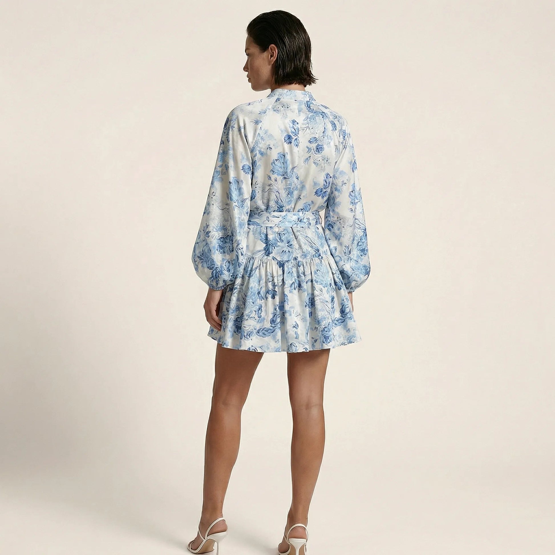 Long Sleeve Pleated Hem Mini Shirt Dress BlueSM-022-BLUE-S