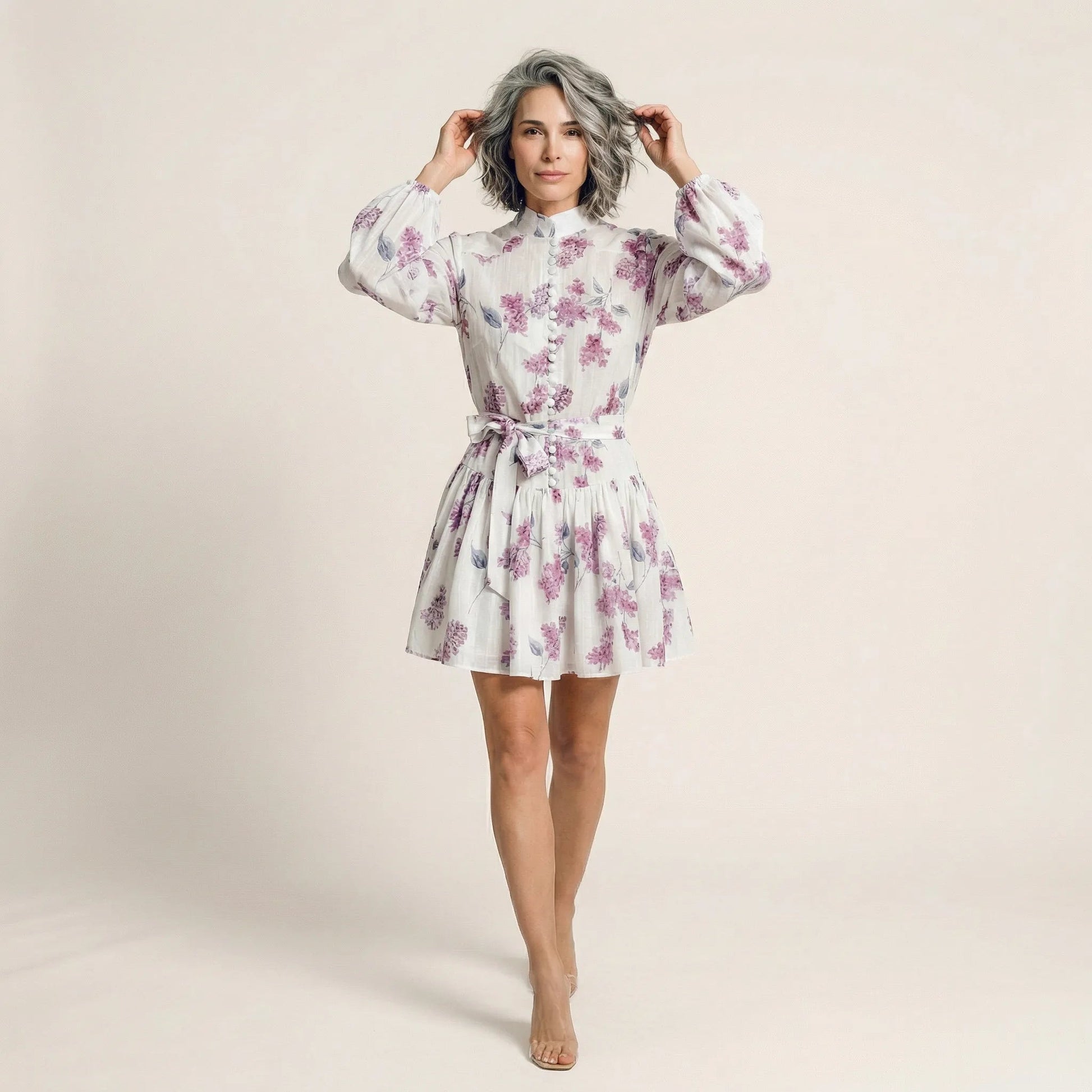 Long Sleeve Pleated Hem Mini Shirt Dress PinkSM-022-PINK-S