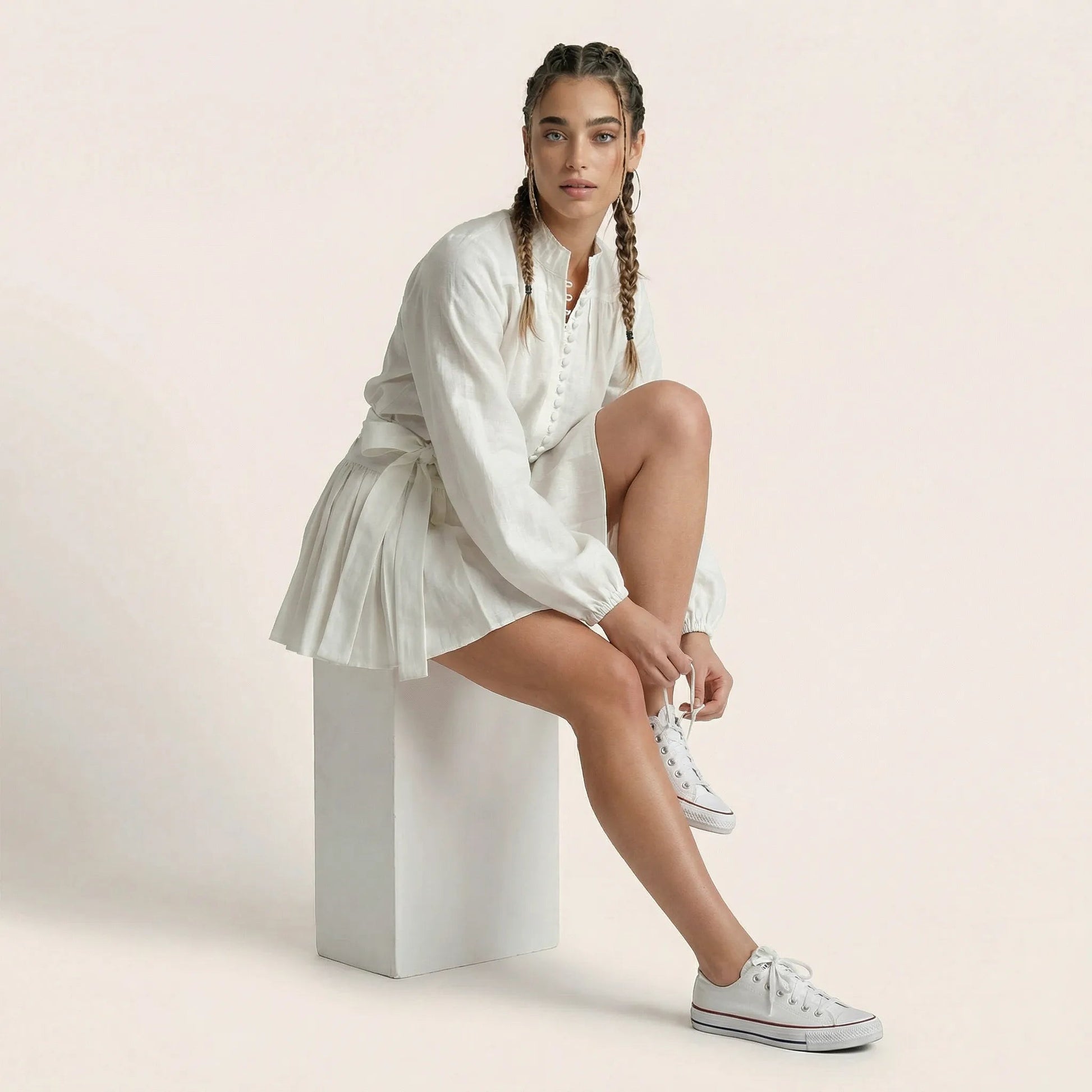 Long Sleeve Pleated Hem Mini Shirt Dress WhiteSM-022-WHITE-S