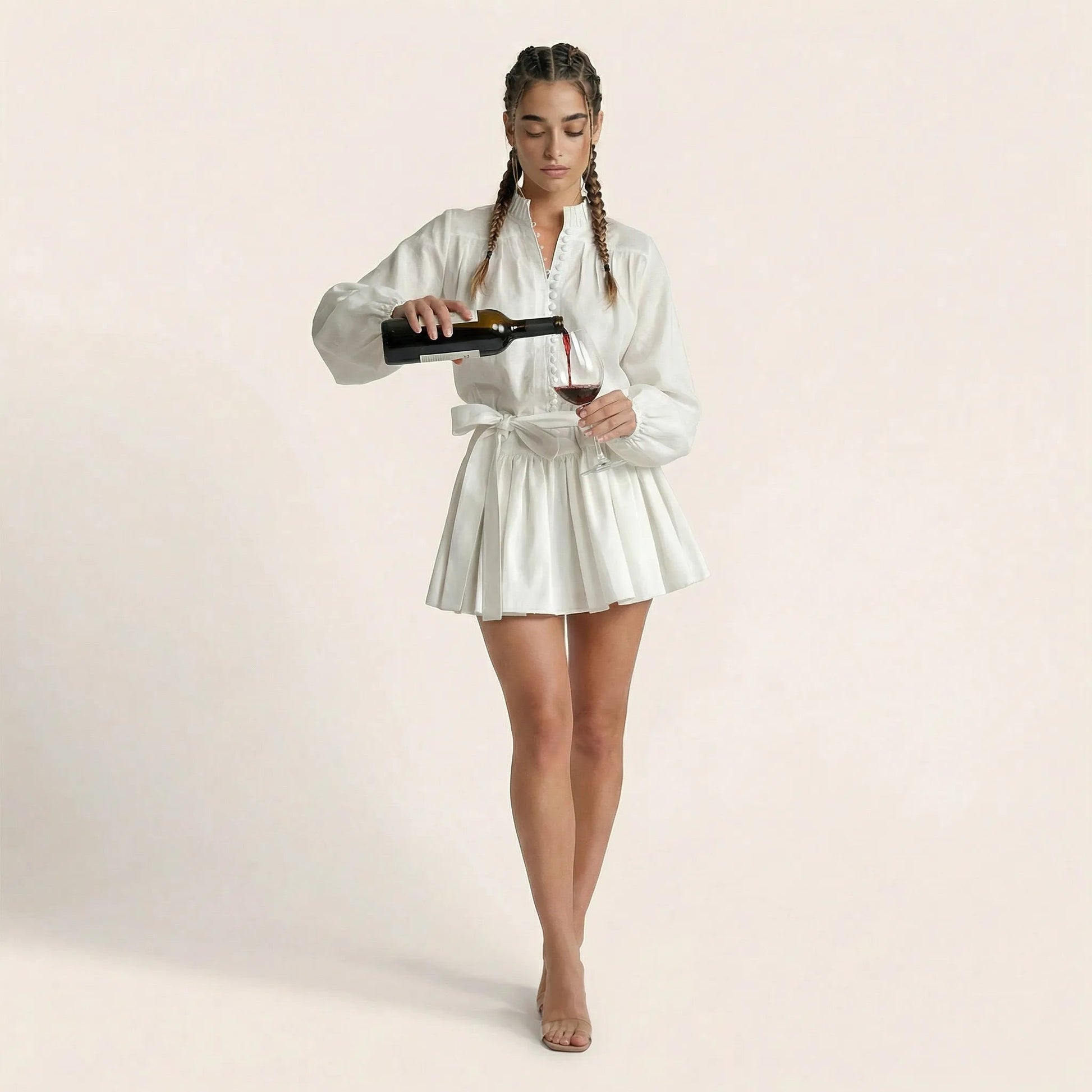 Long Sleeve Pleated Hem Mini Shirt Dress WhiteSM-022-WHITE-S