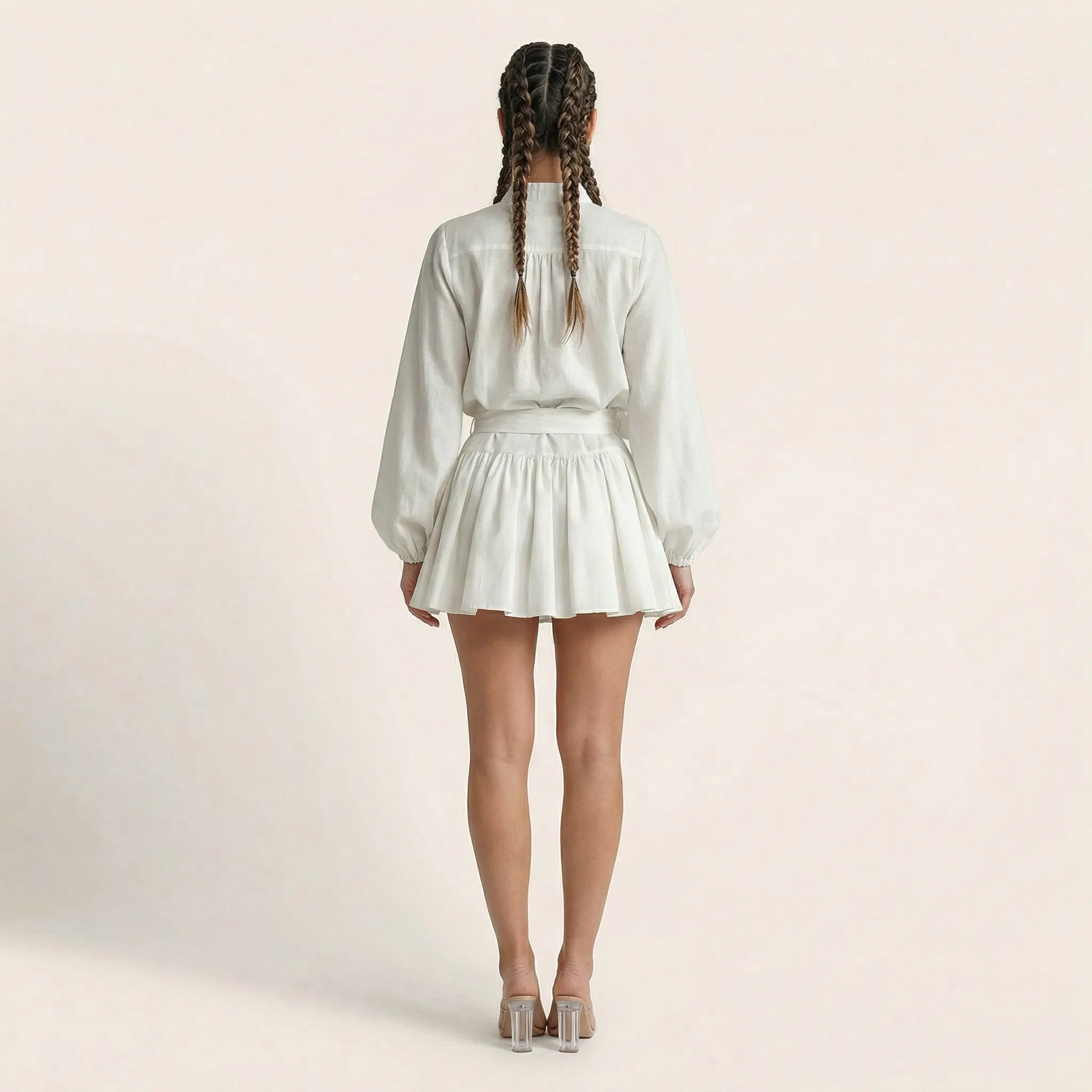 Long Sleeve Pleated Hem Mini Shirt Dress WhiteSM-022-WHITE-S