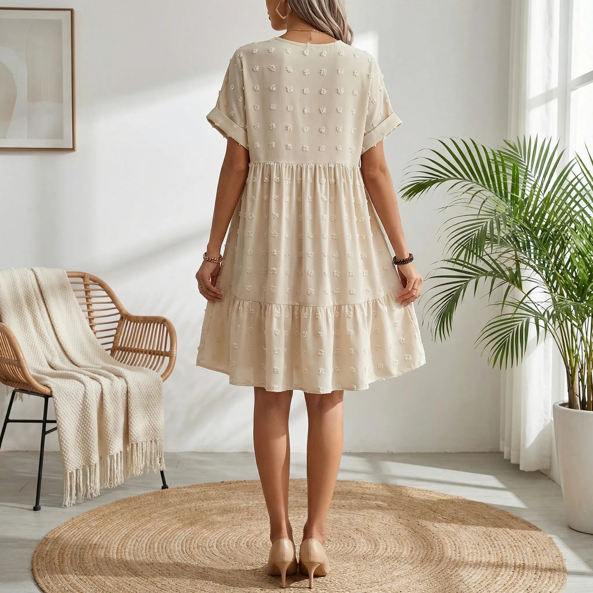 Loose Fit A - Line Floral Midi Dress BeigeSM-003-BEIGE-S