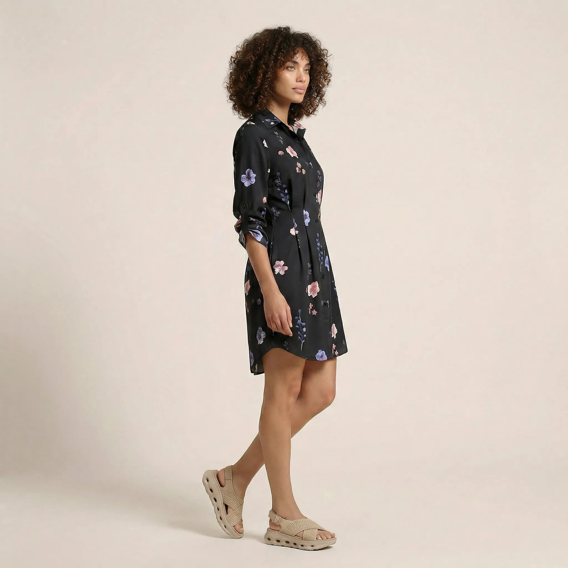 Noir Floral Shirt Mini Dress BlackSM-051-BLACK-S