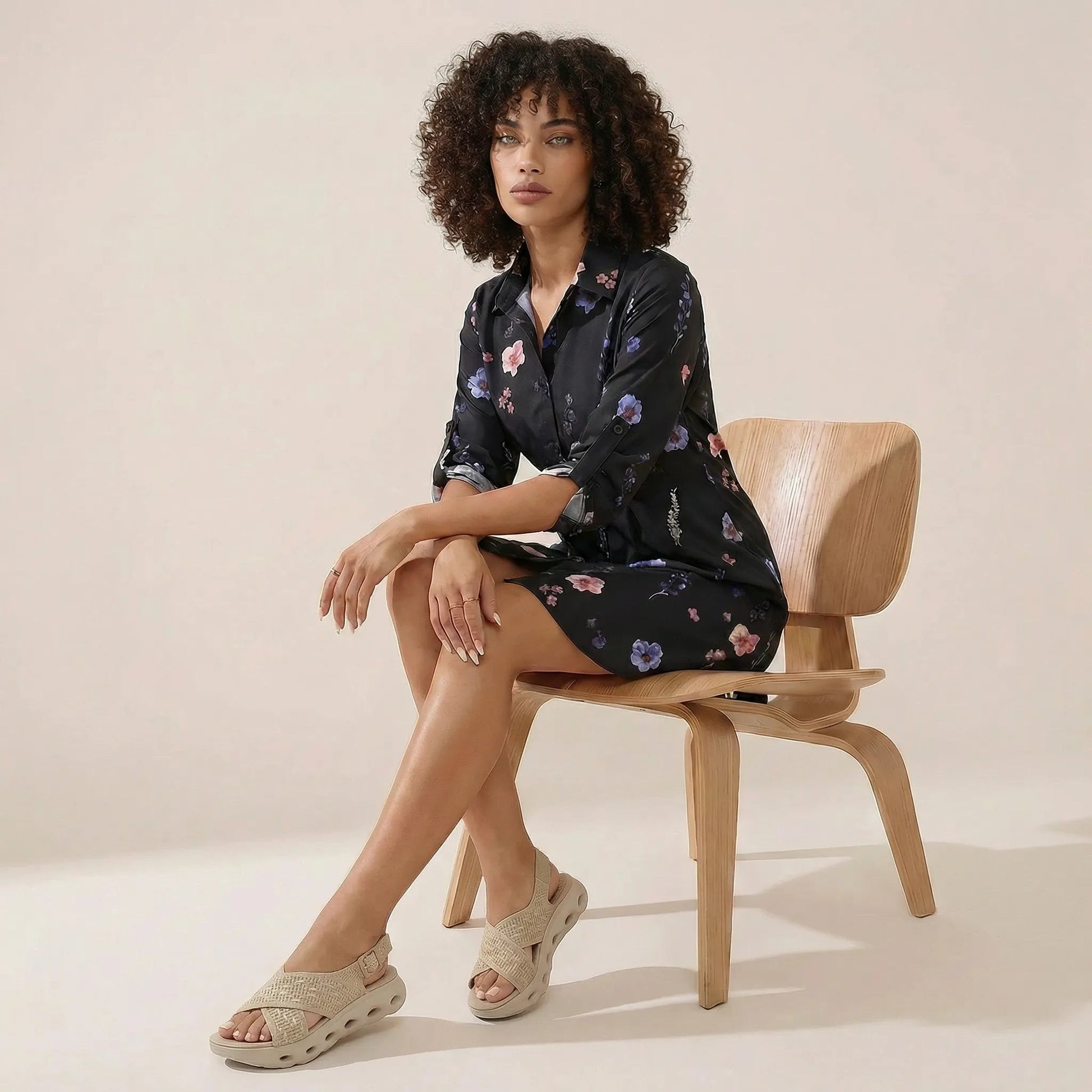 Noir Floral Shirt Mini Dress BlackSM-051-BLACK-S
