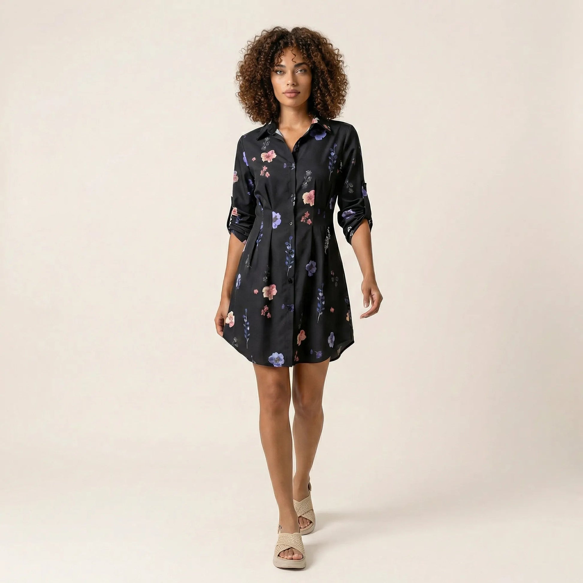 Noir Floral Shirt Mini Dress BlackSM-051-BLACK-S