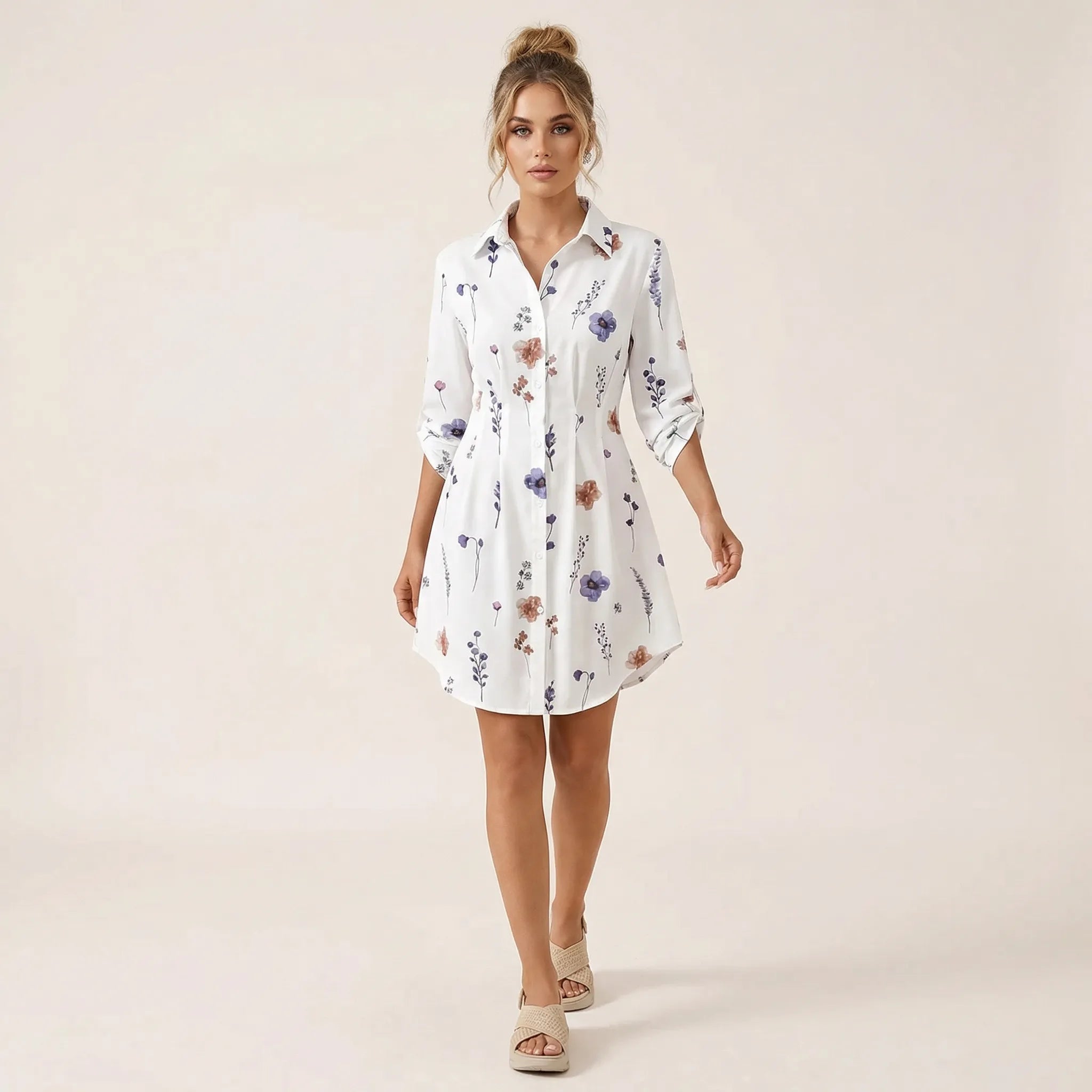 Noir Floral Shirt Mini Dress WhiteSM-051-WHITE-S